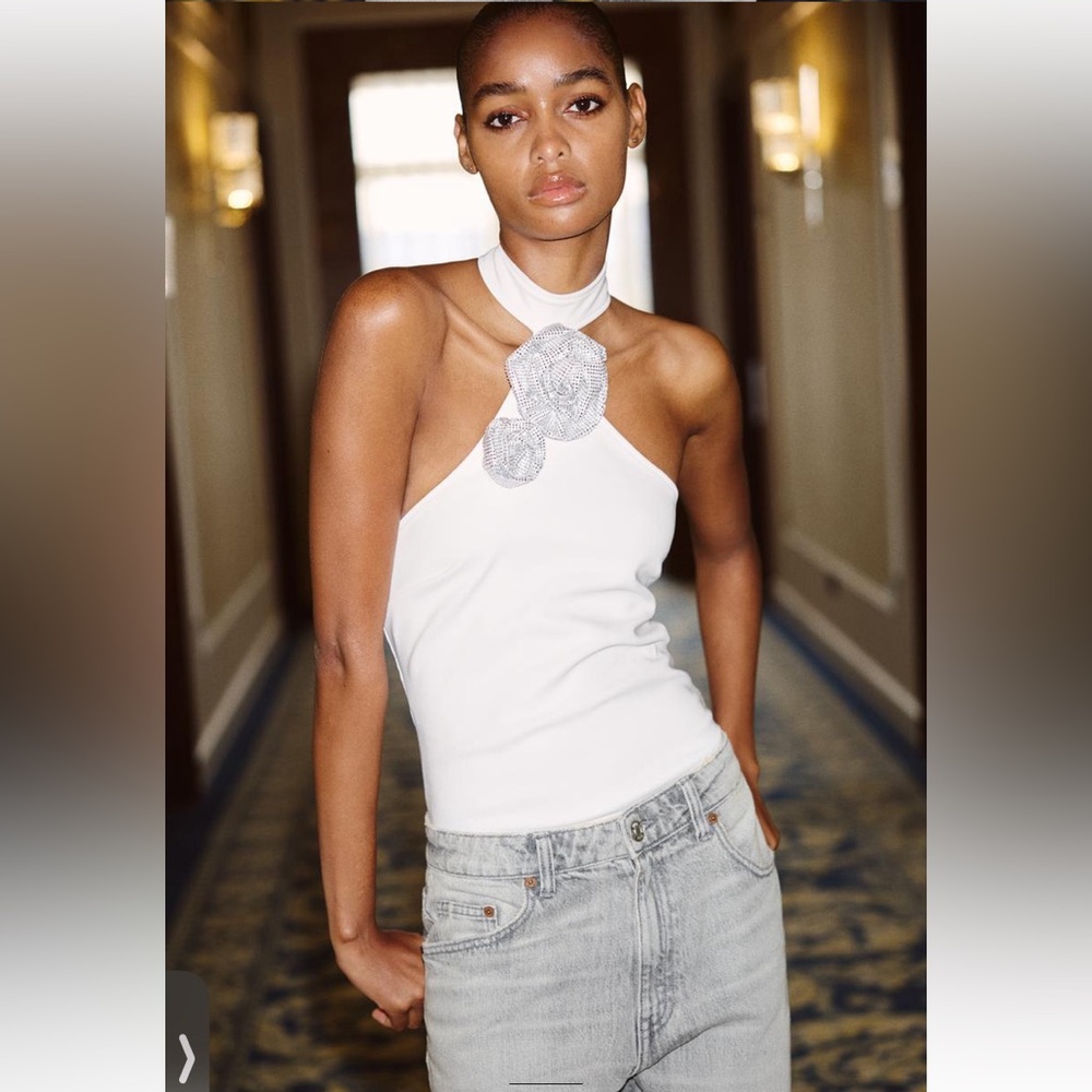 ZARA…. halter bodysuit flowers jewelry